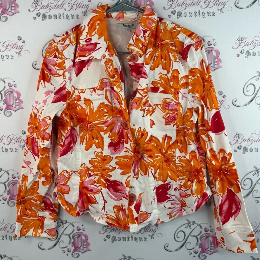 Jessica jacket, coat, blazer, flowers, Floral Button Down Shirt - Orange and Red